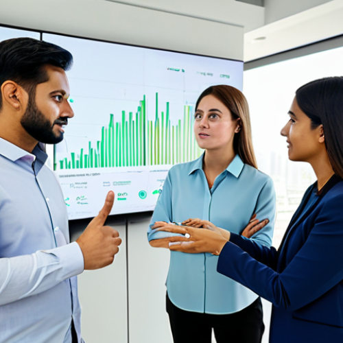 Home 6 A diverse team of four professionals, two men and two women, in modest business attire, collaborating intently around a large interactive digital screen in a bright, modern startup office in Dubai. The screen displays complex data visualizations related to market research and customer insights. One team member points thoughtfully at the data while others engage in discussion and note-taking. The setting features clean, minimalist design with large windows overlooking a city skyline. Perfect anatomy, correct proportions, natural pose, well-formed hands, proper finger count, natural body proportions, professional photography, high quality, safe for work, appropriate content, fully clothed, professional, modest, family-friendly.