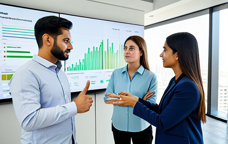 A diverse team of four professionals, two men and two women, in modest business attire, collaborating intently around a large interactive digital screen in a bright, modern startup office in Dubai. The screen displays complex data visualizations related to market research and customer insights. One team member points thoughtfully at the data while others engage in discussion and note-taking. The setting features clean, minimalist design with large windows overlooking a city skyline. Perfect anatomy, correct proportions, natural pose, well-formed hands, proper finger count, natural body proportions, professional photography, high quality, safe for work, appropriate content, fully clothed, professional, modest, family-friendly.