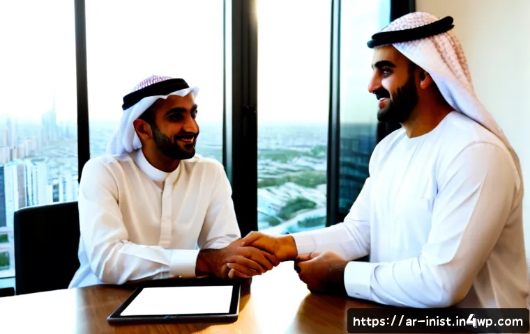 시드 투자 시 투자자와의 관계 구축 - Photorealistic seed investment meeting in a refined Gulf Arab startup office, a young Arab entrepren...